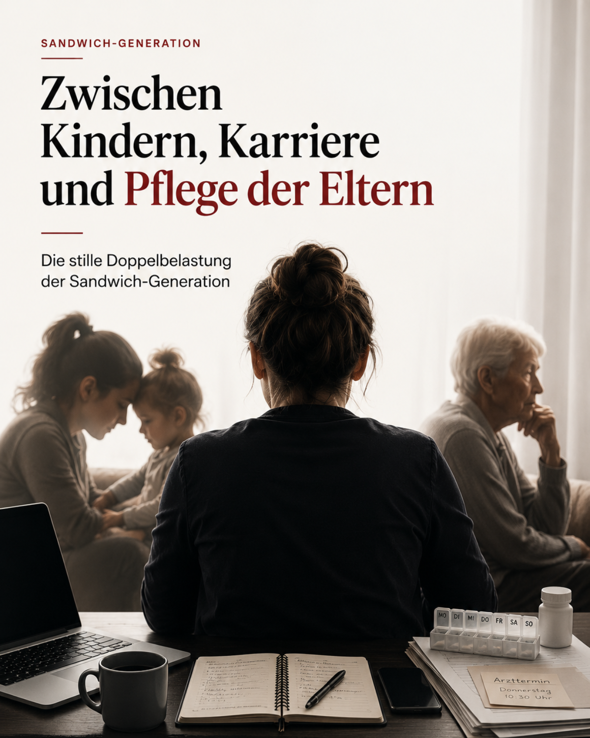 Zwischen Kindern, Karriere und der Pflege der Eltern:Viele Menschen tragen heute Verantwortung in mehrere Richtungen gleichzeitig.